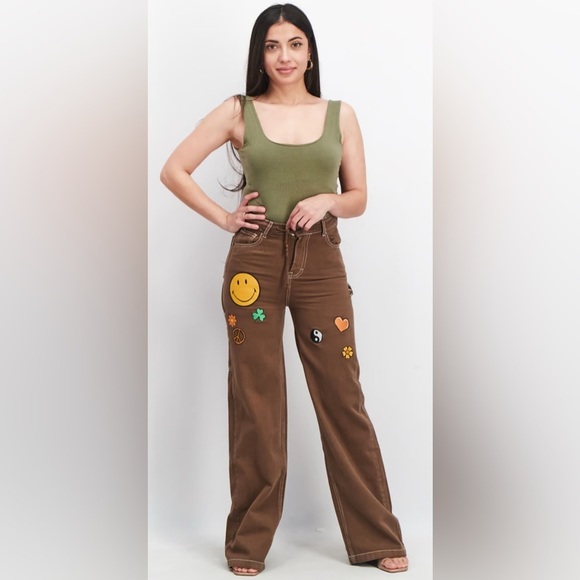 Don't call me Jennyfer Women's Size 00/27 Flare Cargo Jeans Embroidered Patches - Picture 1 of 6